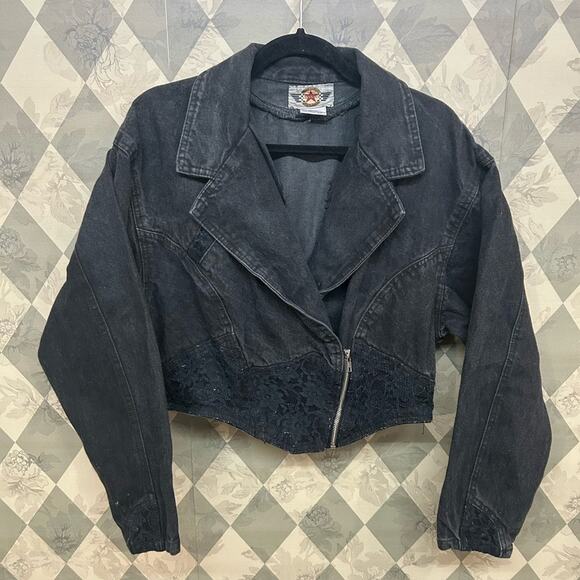 Vintage Jeantonic Sportswear Black Denim Moto Jacket with Lace Panels 90s - Picture 1 of 8